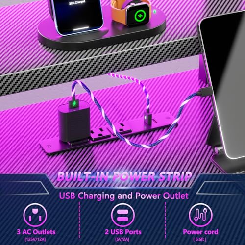 47 Inch Gaming Desk with Power Outlet & LED Lights, Corner Computer Desk with 3 Tiers Storage Shelves, Home Office Desk with Monitor Stand for Small Space, Carbon Fiber Black - Image 6