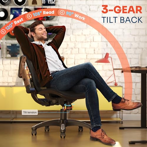 GABRYLLY Ergonomic Office Chair, High Back Home Desk Chair with Headrest, Flip-Up Arms, 90-120° Tilt Lock and Wide Cushion, Big and Tall Mesh Chairs for Man Woman, Black Task Chair(Dark Woodgrain) - Image 6