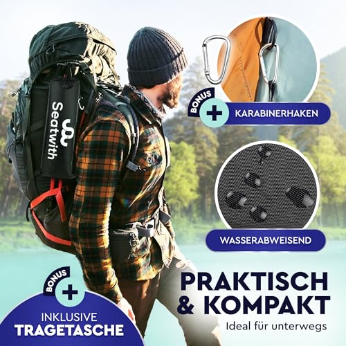 Faltbares Iso-Sitzkissen Outdoor Sitzmatte (35x35cm) mit Tragetasche + Karabinerhacken für idiale Befestigung am Rucksack maximaler Schutz vor Kälte Nässe Schmutz SCHWARZ