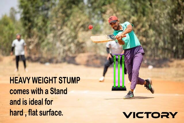 Image of Victory Cricket Stumps with Stand Cricket Kit Plastic Wickets for Cricket Standard Size Wickets for Cricket Ground, Match, Tournament Stump with Stand & Bails (Green)