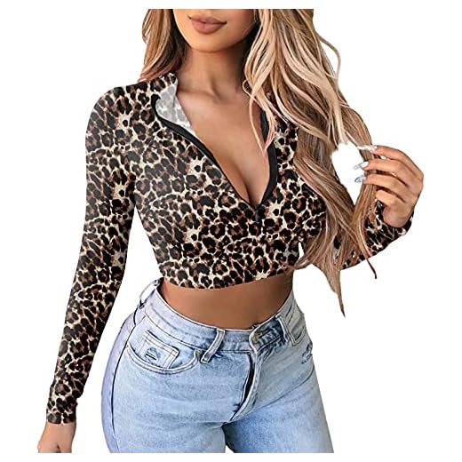 Artfish Women's Long Sleeve Quarter Zip Crop Tops Fleece Lined V Neck Fitted Sexy Cropped Shirts Leopard Cheetah Print,L