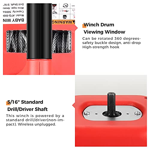 Anbull 750LBS Portable Drill Winch, Handheld Drill Powered Winch with 40 Feet Steel Wire Rope, Drill Winch Hoist for Lifting, Dragging, Handling, Trailer