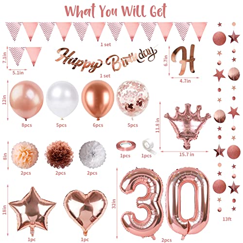 Image of 30th Birthday Decorations for Women, Rose Gold Number 30 Birthday Foil Balloons, 30th Birthday Banner Circle Dot Bunting Garland with Pom Poms for 30 Year Old Birthday Gift Party Decoration Supplies