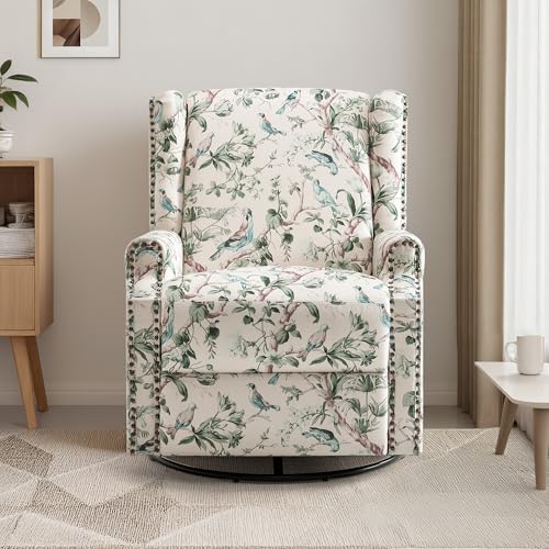 Image of Swivel Rocker Recliner Chairs Set of 2, 360 Swivel Wingback Recliner Chairs for Adults, Upholstered Printed Fabric Glider Rocking Chair with High Back, Deep Seat for Living Romm Bedroom, Bird