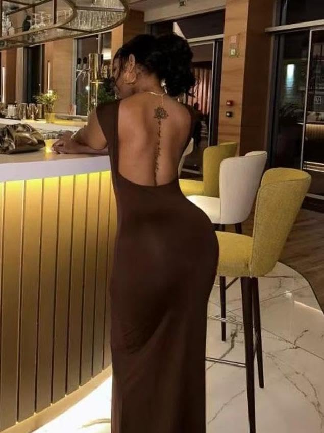 Image of AYWA Womens Sexy Backless Maxi Dress Casual Bodycon Boat Neck Short Sleeve Party Club Long Dresses