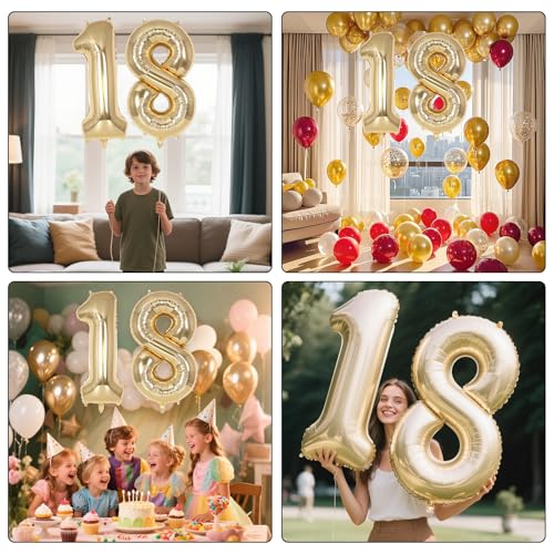 Image of Champagne Gold Large Number 18 Balloon, 40 Inch Light Gold Foil Helium Number Balloons, Giant Mylar Number 18 Balloons for 18 Years Old Birthday Party Anniversary Decorations (Champagne Gold 18)