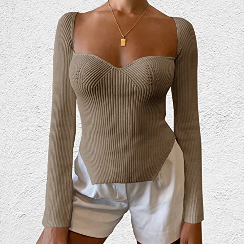 Image of Women's Square Neck Ribbed Knitted Sweater Long Sleeve Crop Slim Fitted Basic Pullover Tops