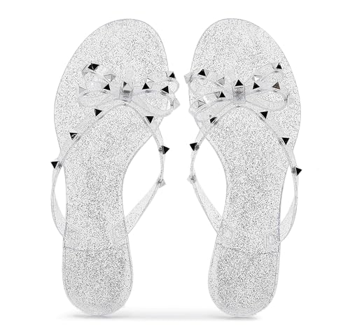 Image of Studded Jelly Shoes for Womens Bow Flip Flops Jellies Sandals Flat Black Summer Beach Thong with Rivets Strappy Slides Slip On