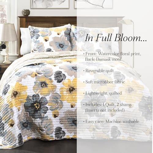 Image of Lush Decor Leah Reversible Floral Quilt Set, 3 Piece Set, Full / Queen, Yellow & Gray - Watercolor Botanical - Cottage Core - French Country Decor- Bedding Queen Size