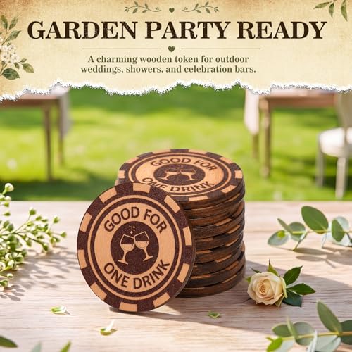 Image of Marsui 100 Pcs Wooden Drink Tokens Bulk for Wedding Personalised Drink Tickets Poker Chips for Guest Wedding Favours Beverage Birthday Parties Bar Table Decoration Supplies (Poker Chip Pattern)