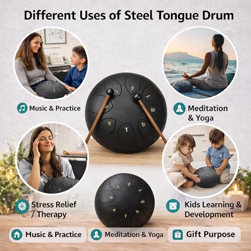 Image of LUXONIX Steel Tongue Drum 6 Inch 8 Notes | Handpan Percussion Instrument for Meditation, Yoga, Music Education & Healing | Includes Bag, Mallets, Music Book & Accessories (Black)