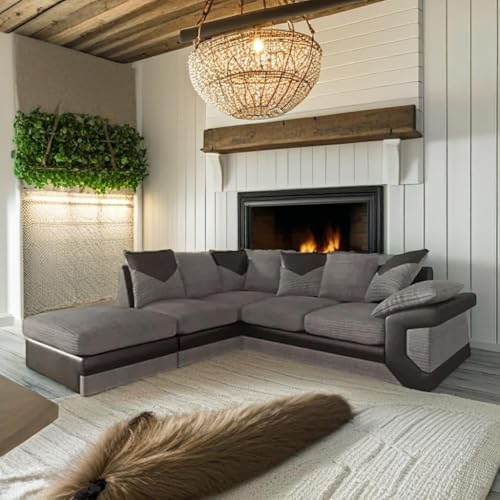 Furniture 786 Dino Corner Sofas - 4 to 5 Seater Corner Sofa - Sectional Grey Cord Black Leather Couch - Comfy L Shape Couches Settee - Scatter Back Fabric Settees for Living Room & Lounge (Left Hand) - Image 2