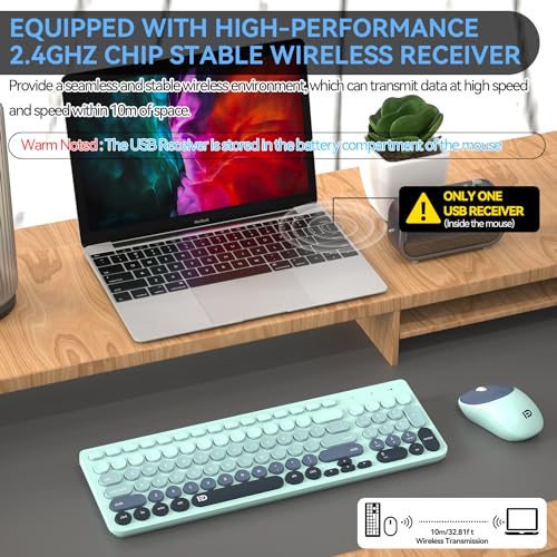 Image of Wireless Keyboards Mouse Combos, Colorful Cute Typewriter Full-Size Retro Round Keycaps, 2.4GHz Cordless Connection Sleep Mode Office Wireless Keyboard and Mouse Set for Desktop Laptop PC Computer