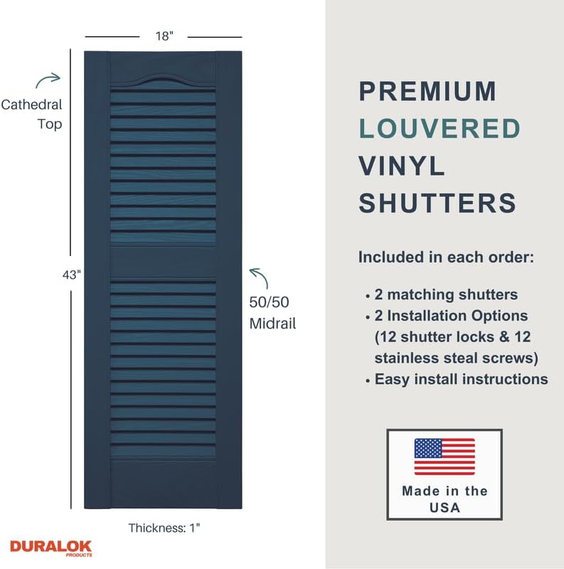 Duralok Vinyl Exterior Shutters | One Pair | Louvered 50/50 Split Cathedral Top Exterior Window Shutters | 16.5" x 31" | Burgundy Red | Simple Installation + Hardware Included | Made in The US