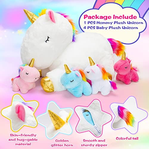 Image of KMUYSL Toys for Girls Ages 0 1 2 3 4 5 6 7 8+ Years - Unicorn Mommy Stuffed Animal with 4 Baby Unicorns in Her Tummy, Soft Unicorn Plush Toys Set, Christmas Birthday Gifts for Baby, Toddler, Kids