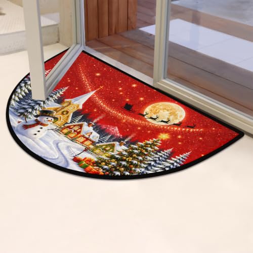 Image of Half Round Doormat Washable Kitchen Semi Circle Rug Christmas Snowman deer
