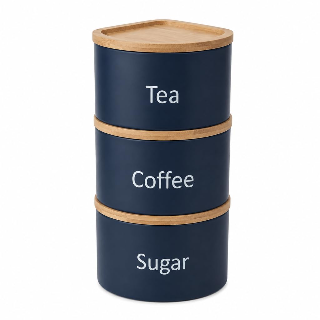 EHC Tea Coffee Sugar Canister Set, Set of 3 Stackable Kitchen Canisters Sets, Airtight Jars Easy Open Corner Space Saving Design, Navy Blue