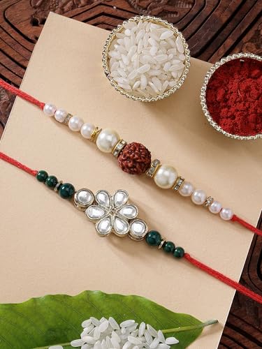 Image of Karatcart Rakhi for Brother Gold-Plated Kundan Rakhi Set of 2 with Roli Chawal