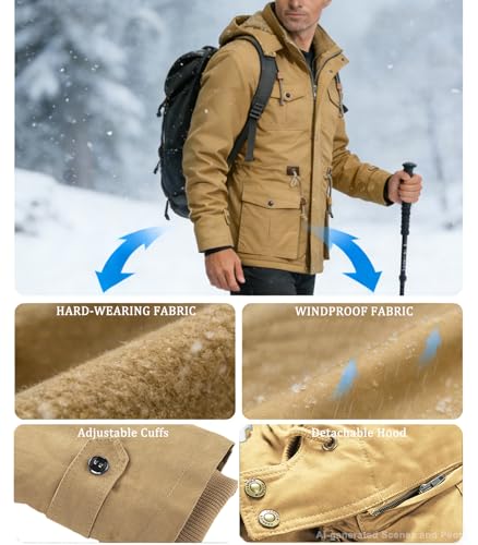 Image of INVACHI Men's Thick Winter Jacket With Hood,Fleece Lining Cotton Military Jackets,Work Coats with Multiple Pockets