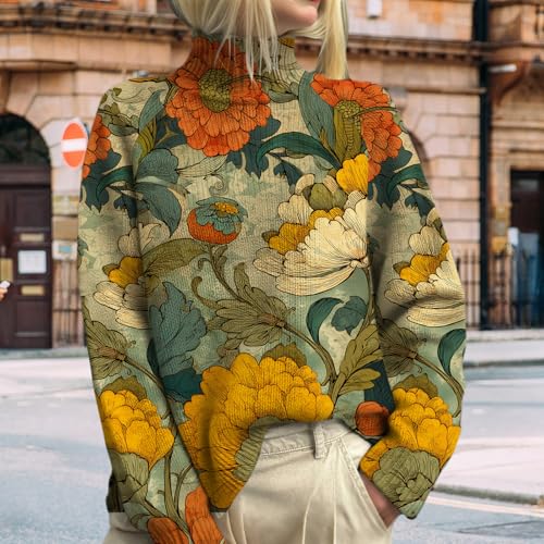 Ethnic Print Sweater for Women Turtleneck Long Sleeve Vintage Graphic Pullover Cozy Warm Casual Ribbed Knit Jumper Tops3