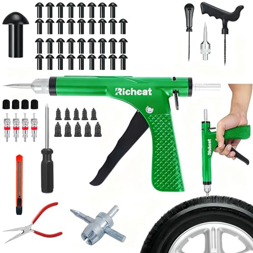 Image of Richcat Tubeless Tire Puncture Repair Kit with Mushroom Plug, Repairs punctures and Flat Tires for Motorcycles, Cars, Trucks, ATVs,Gun Puncture Repair Kit