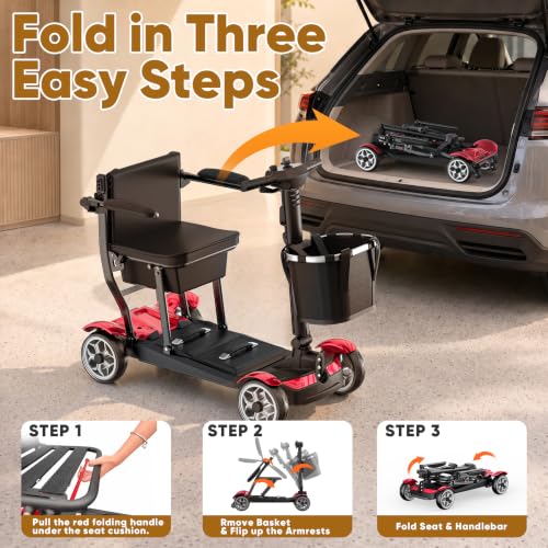 Image of 4-Wheel Motorized Scooters for Seniors-39LBS Light Frame& 30 Miles Range | 350LBS Capacity& 270W Brushless Motor Powered Folding Electric Wheelchair with Dust Cover& LED Lights& Auto Brake-Red Color