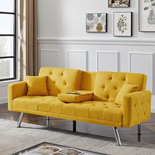 Eafurn Tufted Futon Sofa Bed w/Cup Holders, Linen Upholstered 2 Seater Sleeper Loveseat Couch, Splitback Convertible Daybed Sofa & Couch for Small Spaces with Square Armrest and Metal Legs, Yellow