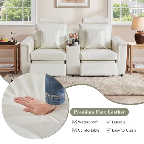 Image of RARZOE Modular Sofa Console Module with Storage, Faux Leather Storage Console with Table &USB Port&Cup Holder, Modular Sectional Sofa Module for Living Room Home Theater,Beige