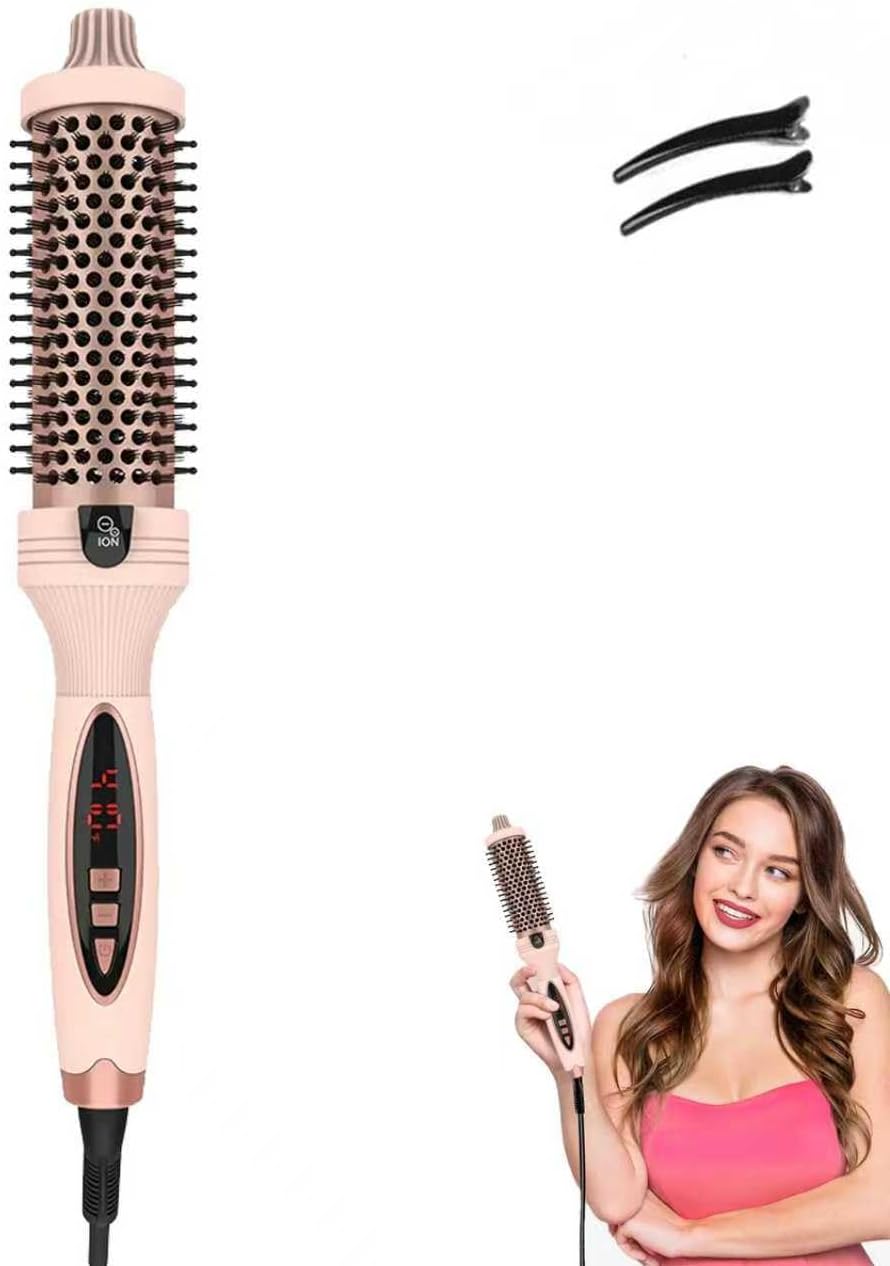 Thermal Brush, 3-in-1 Pro Negative Ion Two PTC Heaters Thermal Brush with Styling Hair Clips(2 PCS), Leafverve Straightens, Volumizes & Curls with Negative Ion, Digital Display (Pink)