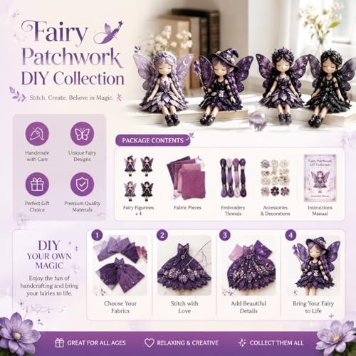 Kit de costura premium: 4 muñecas de tela aladas DIY con materiales de patchwork completos 4