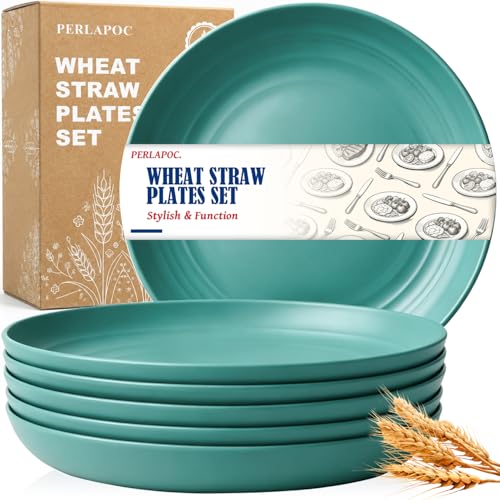 Image of 11In Large Wheat Straw Deep Plates,Unbreakable Dinner Plate, Green | Lightweight Microwave and Dishwasher Safe Plastic Plates for RV, Camping, Party