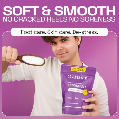 Image of Soulflower Epsom Salt for Foot, Bath & Body Spa, Swelling & Soreness, Relaxing, Muscle Pain Relief | 100% Pure USP Grade Epsom Salt| Pure Lavender Essential Oil 1 kg (Pack of 1)