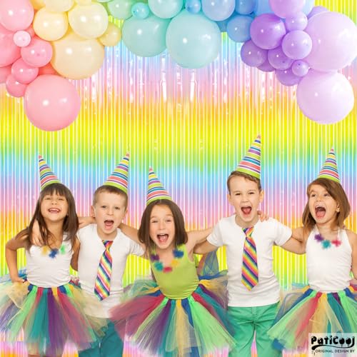 Image of Easter Decorations Thicken Pastel Rainbow Streamers, 2 Pack 3.2 x 8.2 FT Pastel Birthday Decrorations Tinsel Backdrop Curtains, Foil Fringe Photo Backdrop for Baby Shower, Spring Party Decorations