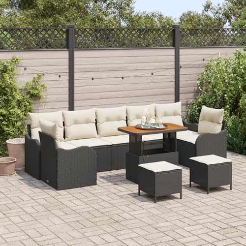 Homgoday Juego de 10 sofás de jardín con cojines de polirratán de acacia de color negro, sofá de 2 plazas con cojines de polirratán negro, 3 piezas de jardín con cojines de polirratán negro de acacia