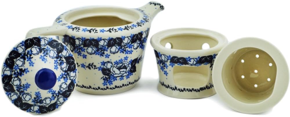 Polmedia Polish Pottery Tea or Coffee Pot with Heater - Flowers At Dusk Pattern Handmade in Boleslawiec Poland by Ceramika Artystyczna + Certificate of Authenticity