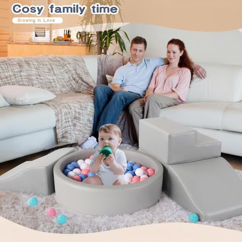 Image of Hoohtoot Foam Climbing Blocks for Toddler: with 4-Piece PU Leather Climbing Toys and a Ball Pit - Foam Ball Pit for Toddlers - Climbing Toys Indoor for Kids Crawling