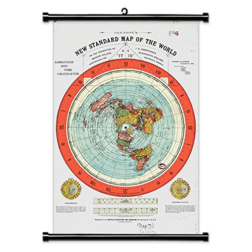 Nustila Flat Earth Map - Gleason's New Standard Map of The World - Large Canvas Print Scroll Poster with Teak Wood Frame Ready to Hang (with Black Plastic Scroll, 16"x24")