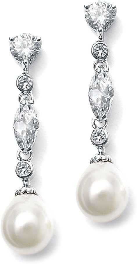 Pearl Dangle Wedding Earrings with Cubic Zirconia Crystals, Pearl Bridal Earrings, Jewelry for Brides, Homecoming, Mother of the Bride