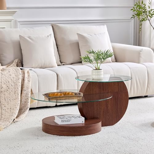 PUGSDRLY Table Basse Ronde 2 Plateaux en Verre trempé, Table Basse Moderne Effet Bois Noyer, Structure en MDF, Coffee Table pour Salon et Appartement
