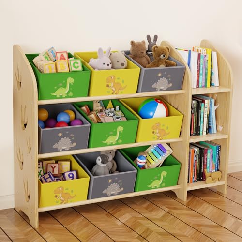 yoopin Toy Storage Organizer with 3 Shelves and 9 Bins Green Dinosaur Bookshelfa nd Bookcase for Kids Playroom Toy Bin Shelf for Bedroom & Room 41.9 W
