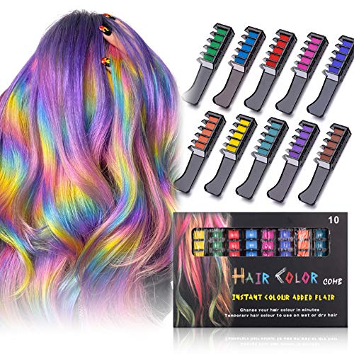Temporary Hair Color Chalk Comb Set for Girls, Washable Hair Color Dye for Girls Kids Age 4 5 6 7 8 9 10+, Halloween Christmas Birthday Cosplay Party DIY, 10 Color