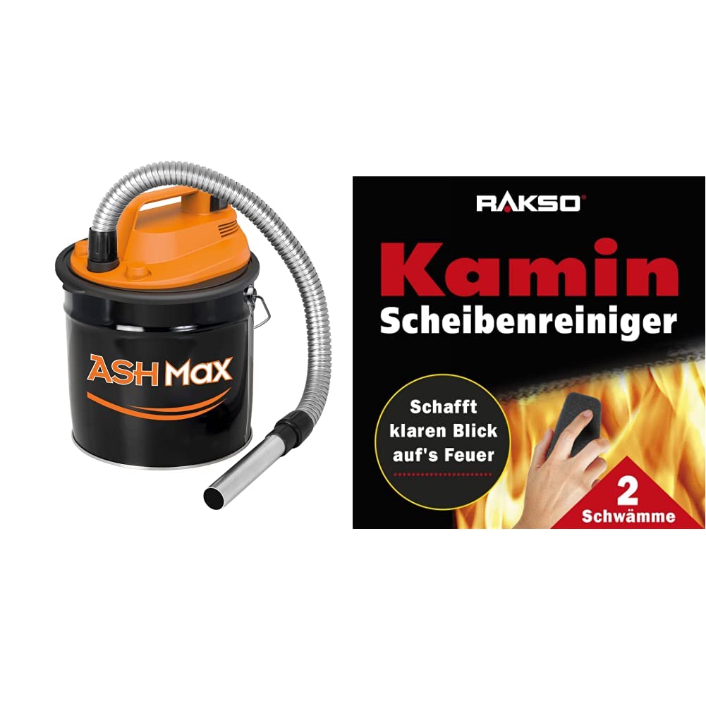 RIBIMEX PRCEN015, ASHMax Aschesauger, 1000 W, 18 L, Orange und Schwarz & RAKSO Glas-Reiniger für Kamin-Scheiben Ofenglasreiniger Schwamm Kaminreiniger Kamin-Ofen und Kaminscheibenreiniger 2 St
