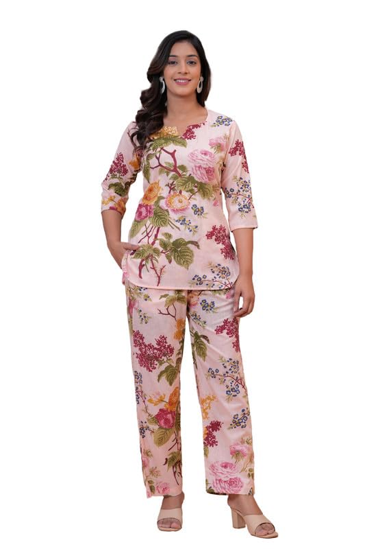Image of Women Cotton Relaxed Fit Fit and Flare Suit | Printed Night Suit | Half Sleeve Co-Ord Set