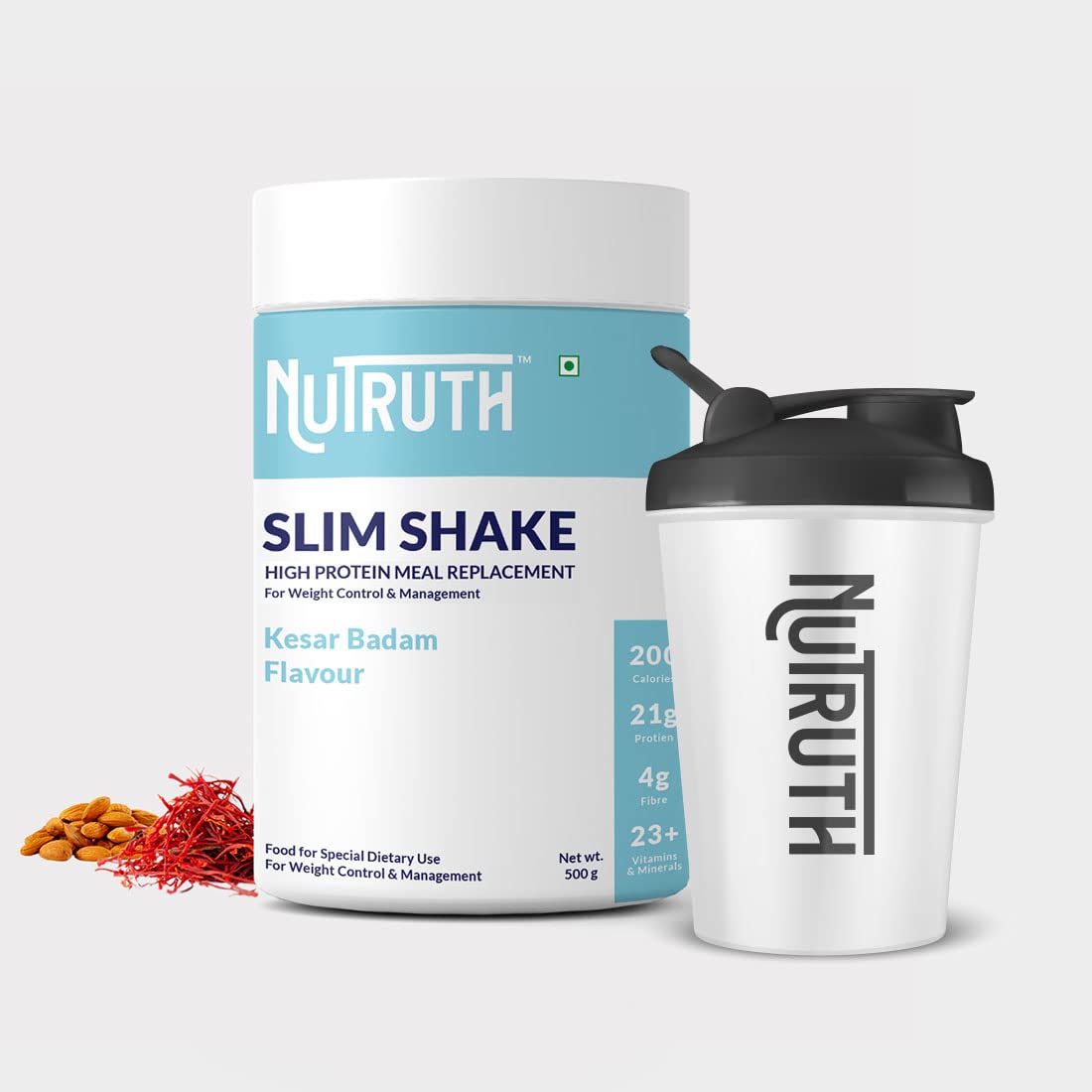 NUTRUTH-High Protein Meal Replacement Slim Shake + 500 Ml Shaker | 21 Gm Protein/Serving | Weight Control & Management Protein Shake (500 Gm) (Kesar Badam)