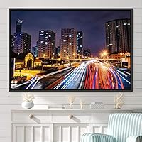 Framed Canvas Wall Art City Illuminations Aerial Cityscape Contemporary Multicolor Photography Places Realism Ultra Urban - 16x24 inches