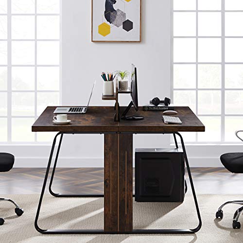 Cemkar Square Double Desk, Office Double Computer Desk, Industrial Large Antique Brown Metal And Wood Heavy Duty Workstation Computer Desk With Face-To-Face Divider, 47 X 47 In. #TOP1