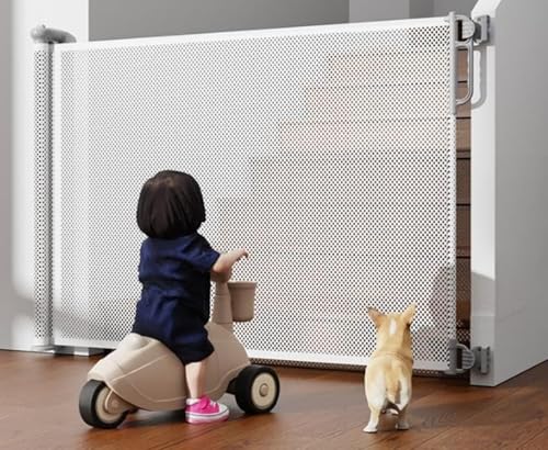 【TTBD】ベビーゲート 階段上 キッチン セーフティゲート メッシュ ペットガード 階段上 子供 キッズ 穴開け不要 バリアフリー ペットフェンス 巻き取り式 犬 猫 安全ゲート 育児用品 幼稚園 間仕切り 室内設置 多用途 (ホワイト)