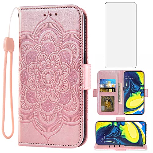 Asuwish Compatible with Samsung Galaxy A80 A90 4G Wallet Case and Tempered Glass Screen Protector Leather Flip Cover Credit Card Holder Stand Cell Phone Cases for Glaxay A 80 Gaxaly 90 Women Rose Gold