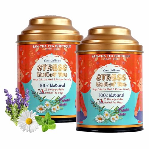 Image of Sancha Tea Boutique, Stress Relief Herbal Tisane, 25 Pyramid Bags x Pack of 2, Caffeine Free Infusion of Chamomile, Lavender & Mint, Calming & Relaxing Floral Blend