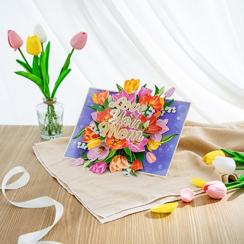 Image of POPWOW Floral Love You Mom Tulip Pop Up Card, 3D Popup Greeting Card, Gift For Mothers Day, Birthday, Valentines Day, Mother, Stepmom, Mother in Law, 5x7 - Includes Envelope And Message Note